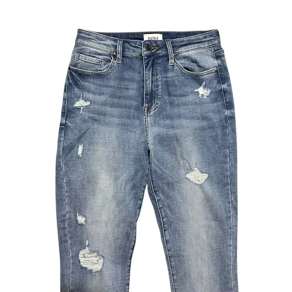 Pistola High Rise Distressed Skinny Jeans size 29 Medium Wash Blue Stretch Denim - Picture 2 of 6